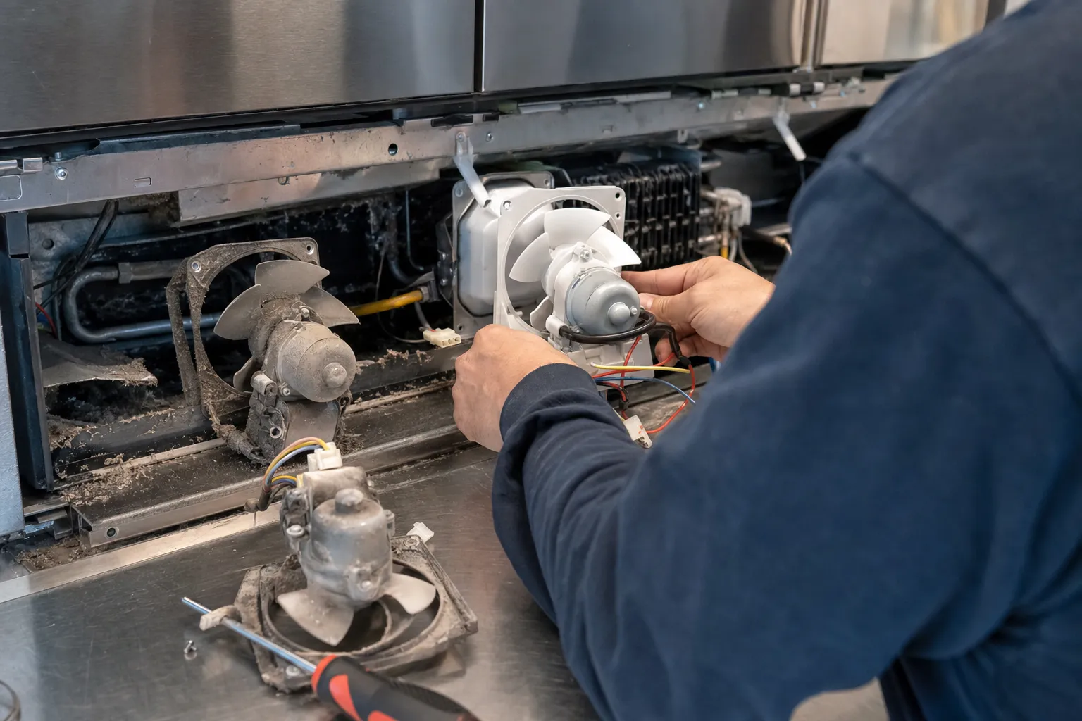 Hands fitting a new white fan motor under a stainless refrigerator, the dust-caked old motors set aside