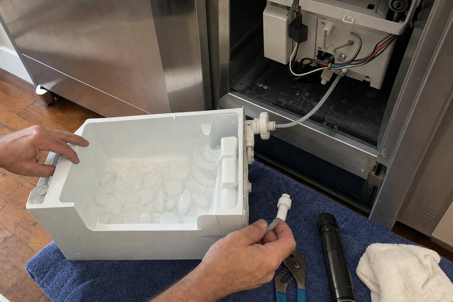 Ice bin module set on a blue towel with its water line being uncoupled, the opened lower compartment of a stainless unit behind it