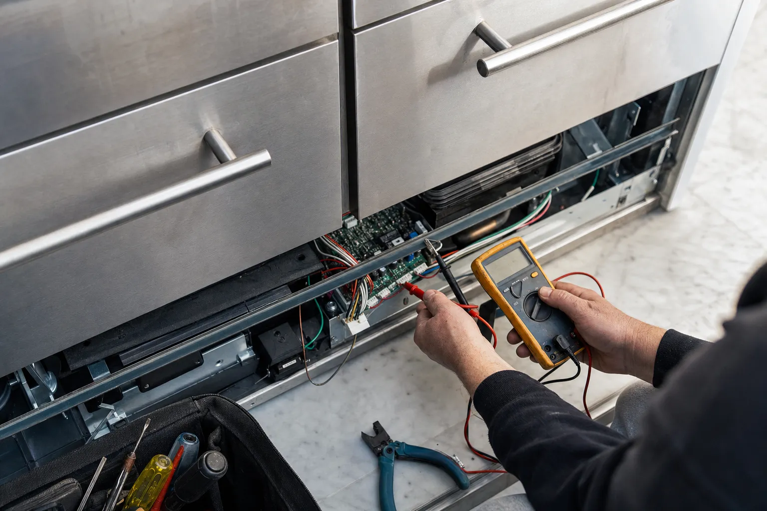 Meter probes on a control board exposed beneath two stainless drawer fronts with bar handles, the condenser visible further back