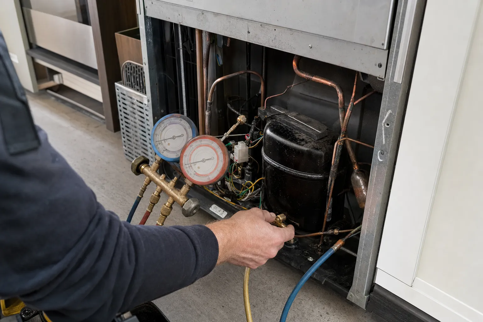 Manifold gauge set coupled to a service port beside a black compressor, copper lines rising through an opened machine compartment